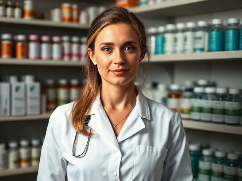 Uśmiechnięta farmaceutka w białym fartuchu w aptece ABC
